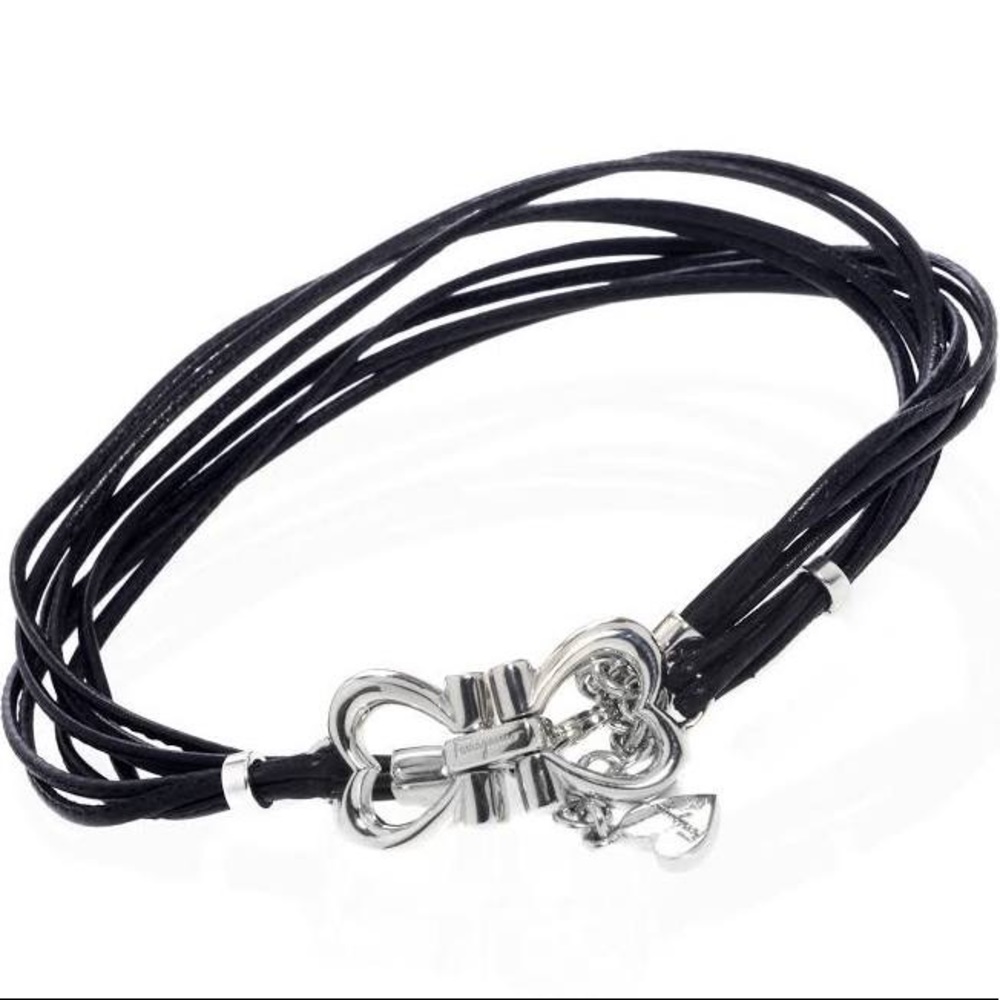 New Ferragamo double wrap leather corded double heart bracelet